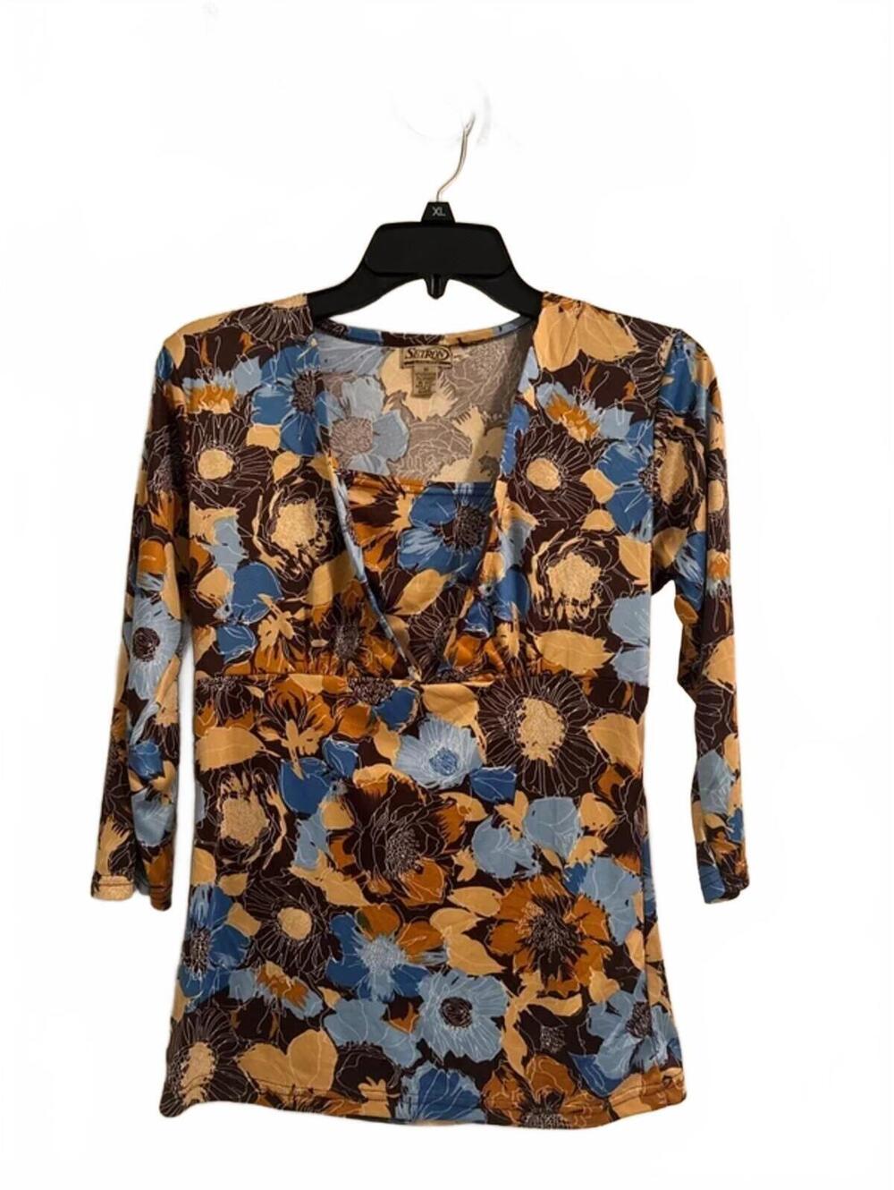Setron Floral V-Neck Blouse Brown Blue Autumn Aesthetic 3/4 Sleeve Medium M